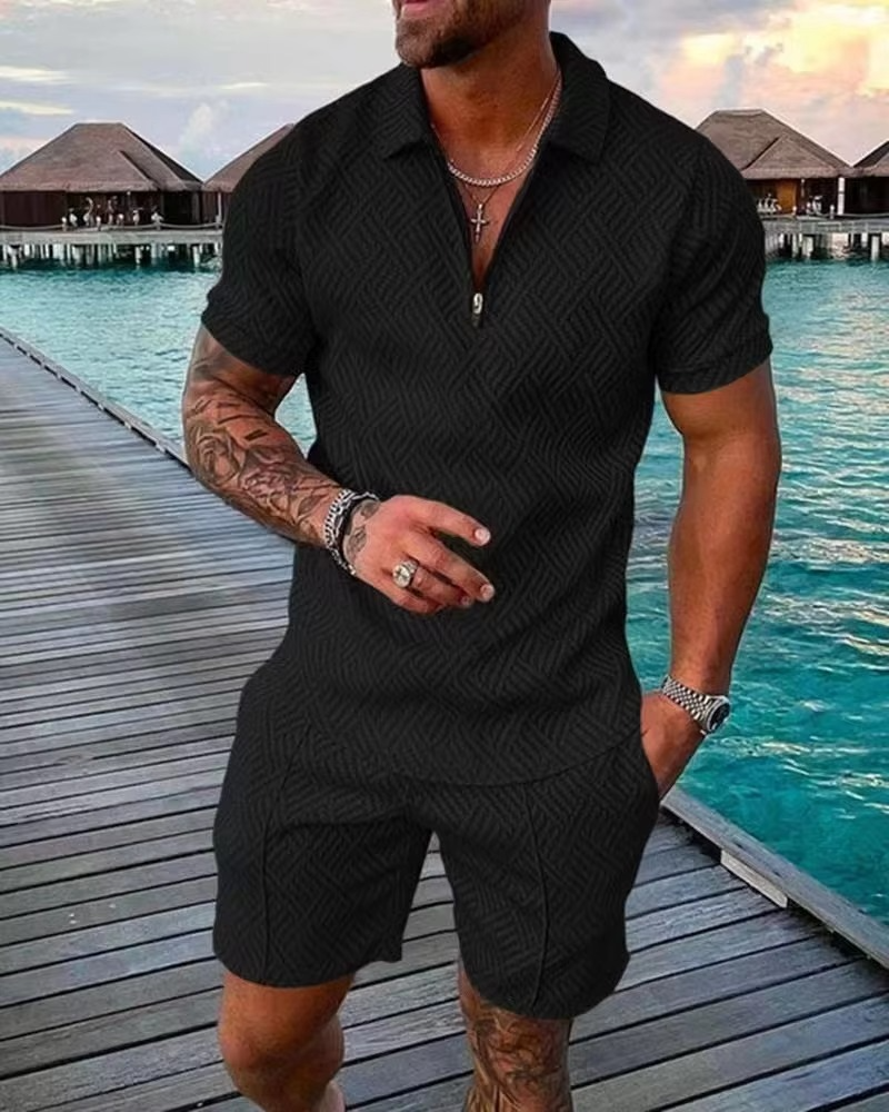 Men's Hawaiian polo and shorts matching set with 3D printed tropical streetwear pattern for summer