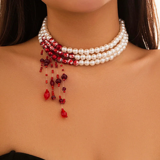 Crimson Cascade Pearl Choker - Wavlynn