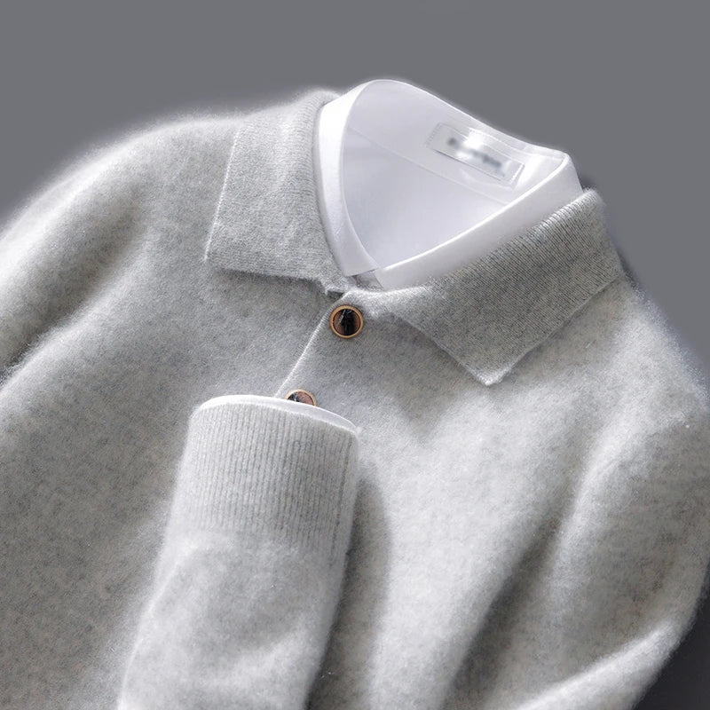 Men's wool knit pullover sweatshirt relaxed fit polo collar with button detail smart casual