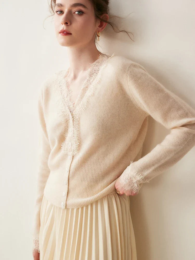 Women's fitted cream knit cardigan with delicate lace trim, button front, and V-neck in elegant style