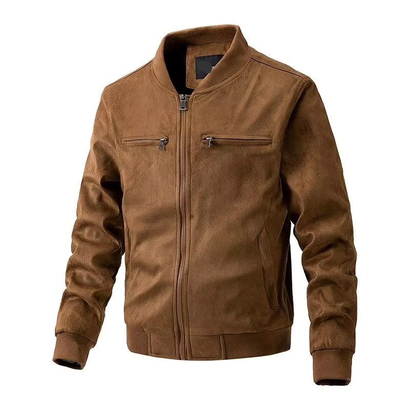 Men's suede jacket stand collar zipper front lightweight cotton lining winter warmth