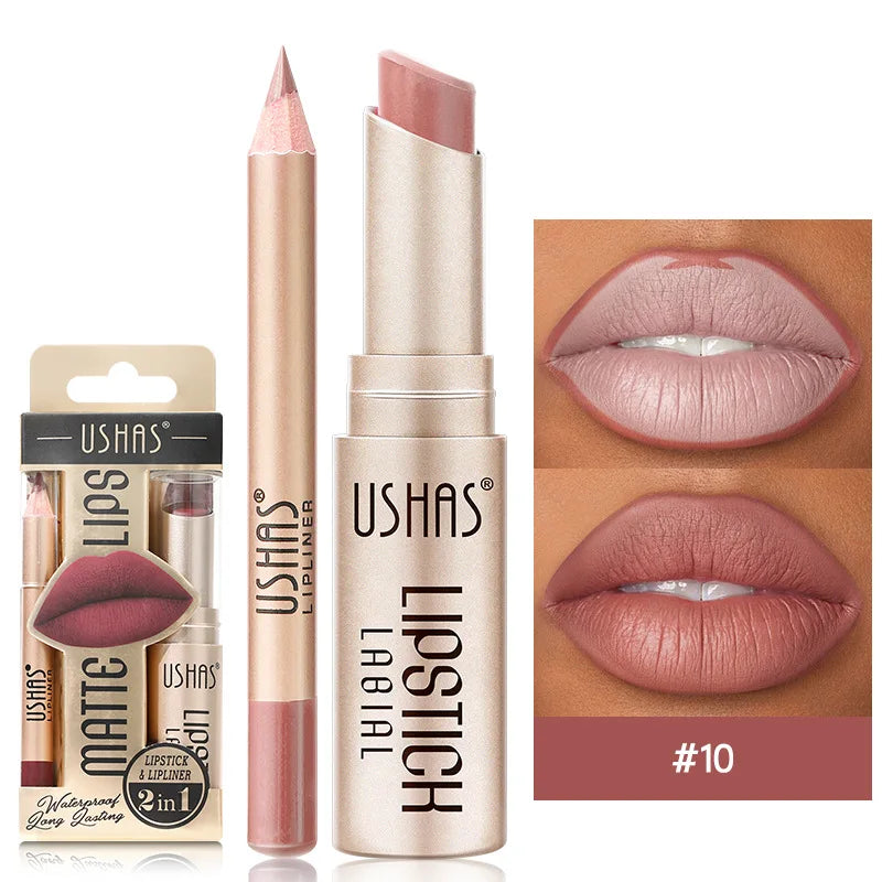 Dual-purpose matte lipstick and liner combo with precise sculpting tip for long-lasting color