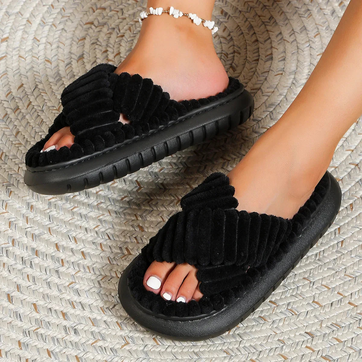 Women's Dakota plush cross-band slide slippers in cozy style with soft textured straps