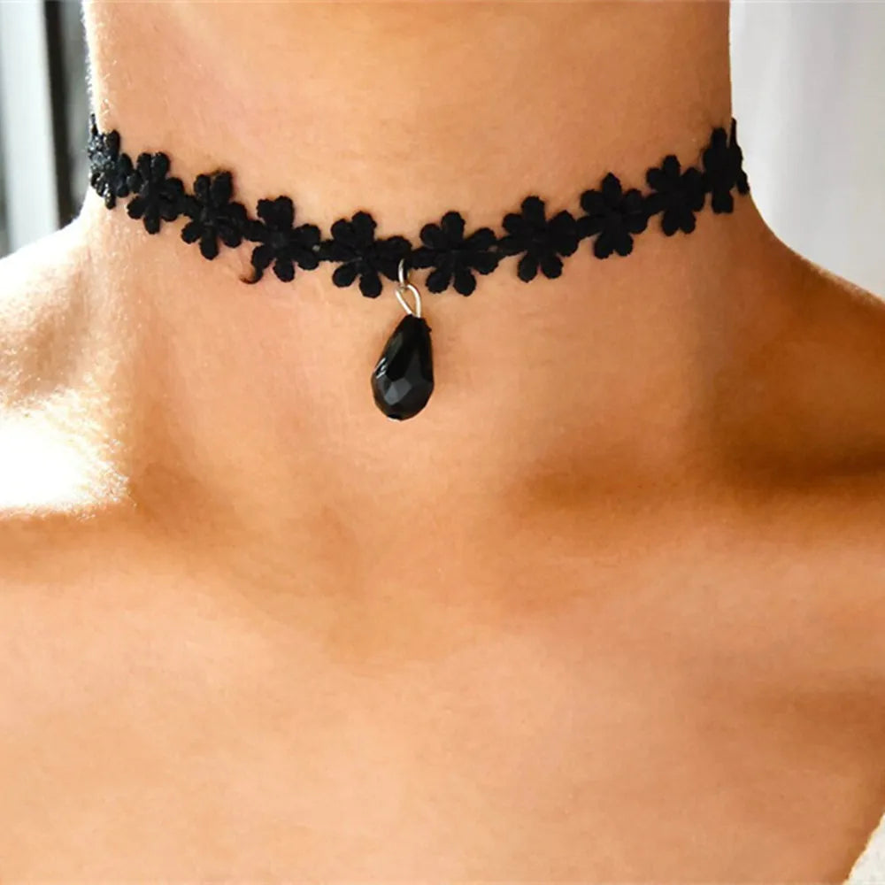 Wednesday Gothic lace choker necklace with heart-shaped pendant and pearl accents, adjustable fit