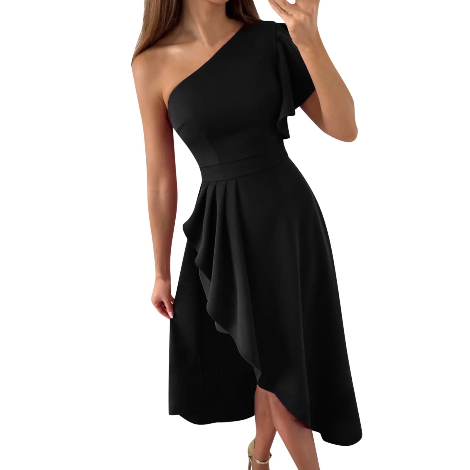 Women's asymmetric one-shoulder dress in elegant cut, sleek neckline, perfect for formal events
