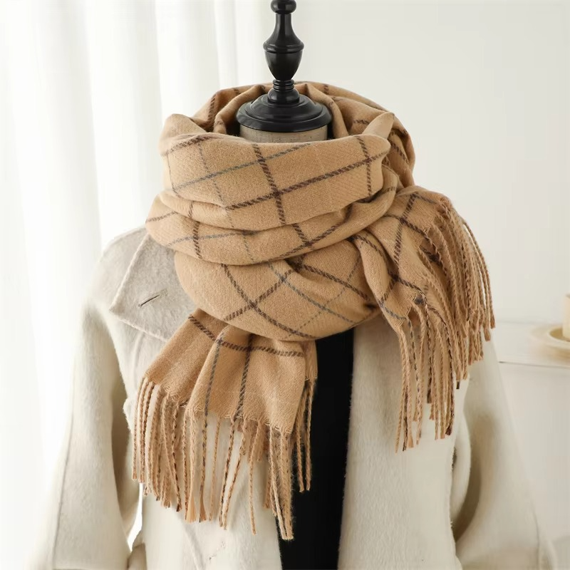 Women's plaid cashmere winter scarf in classic tones, thick pashmina shawl with decorative tassels