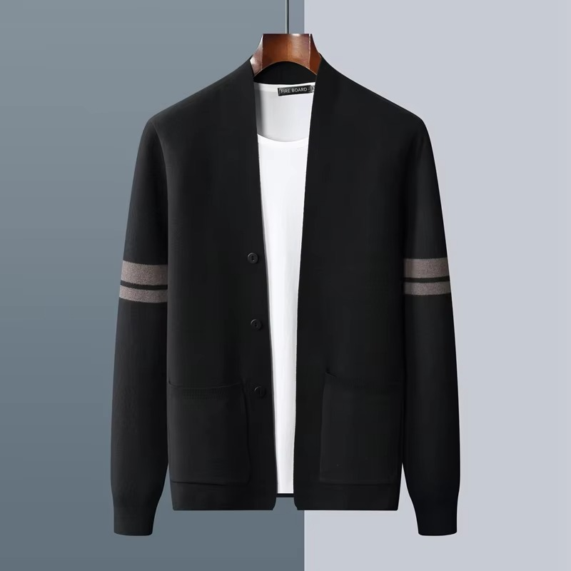 Men's casual wool-blend V-neck cardigan sweater in warm tones, fine-gauge knit for fall layering