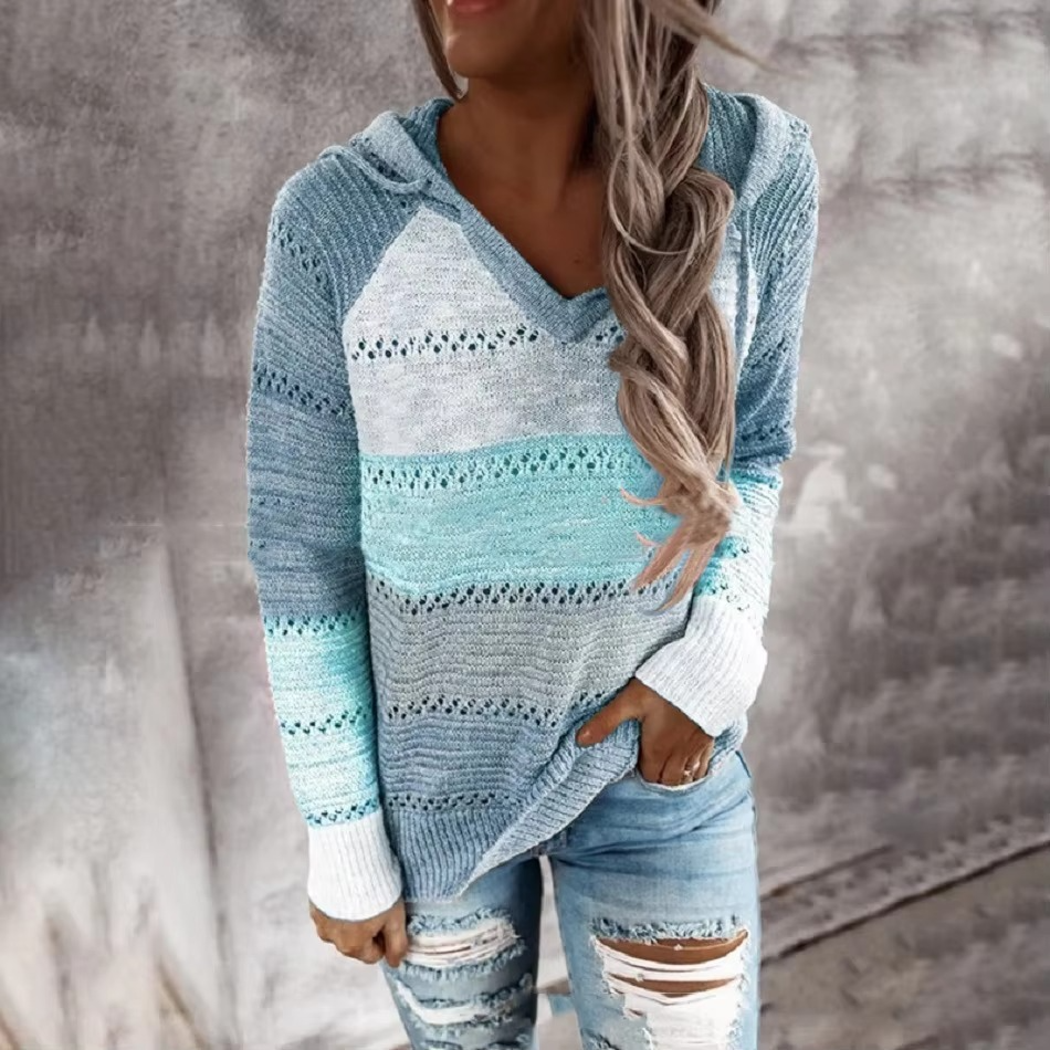 Women's cozy patchwork hooded sweater in multicolor acrylic knit blend with relaxed fit