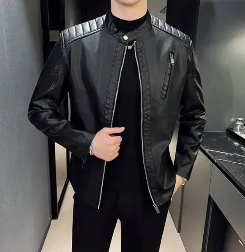 Men's slim fit black PU leather jacket with zippered pockets, lightweight urban street style coat