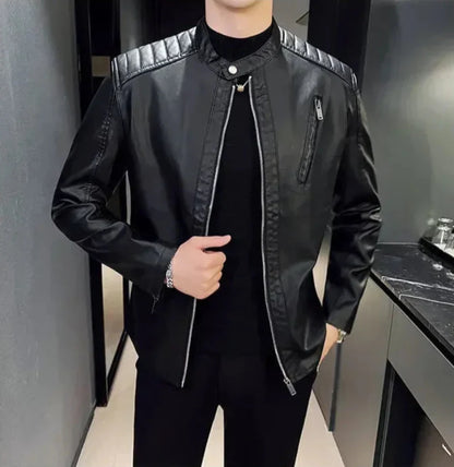 Men's slim fit black PU leather jacket with zippered pockets, lightweight urban street style coat