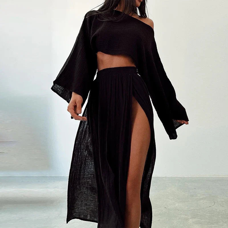 Montara linen two-piece set cropped top and slit skirt relaxed summer fit breathable blend