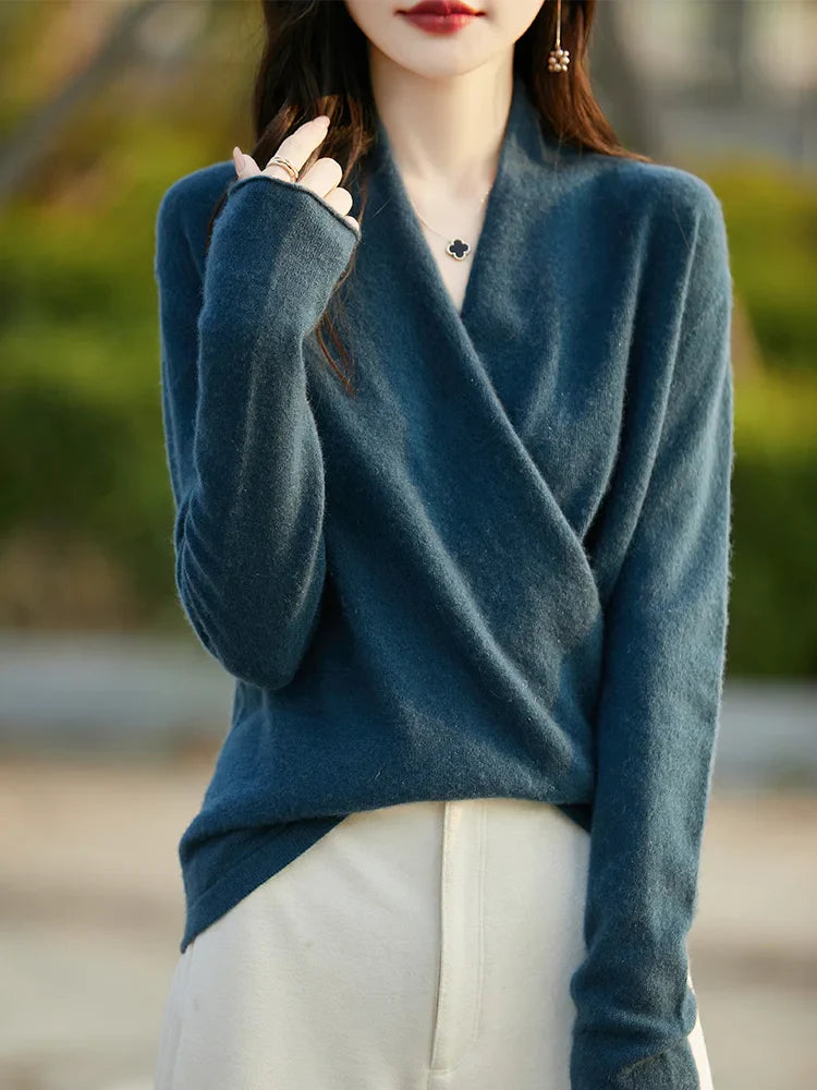 Women's wool knit V-neck sweater relaxed fit long sleeve cozy casual pullover wardrobe essential