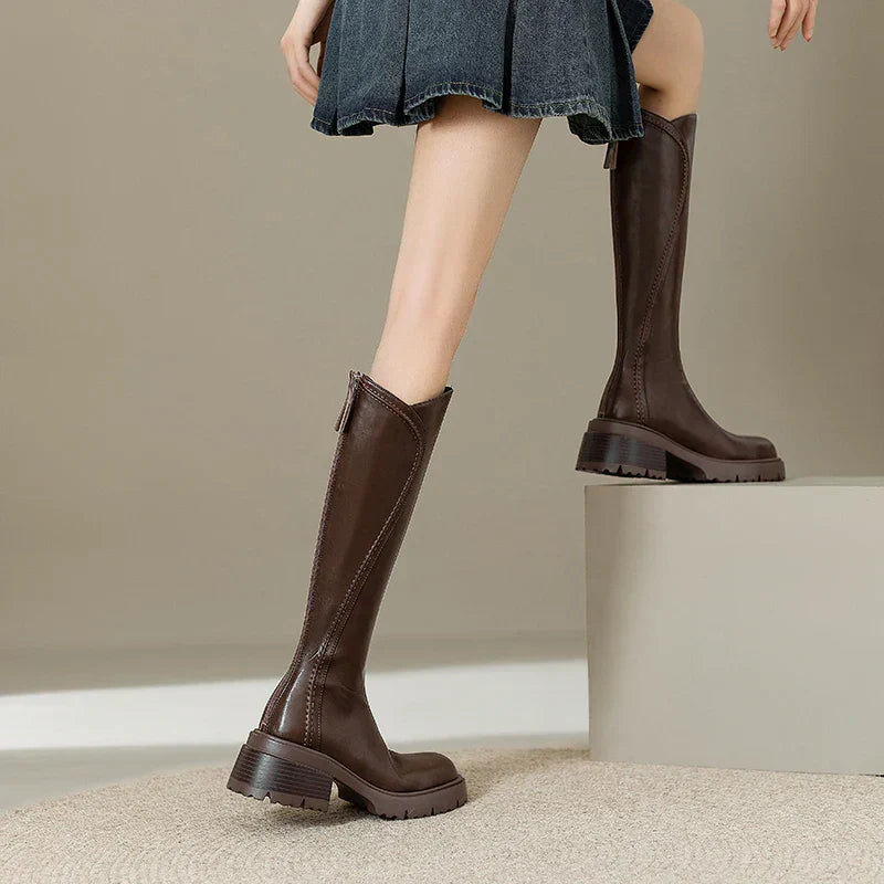 Women's knee-high brown comfort leather boots with premium leather upper and elegant slim silhouette