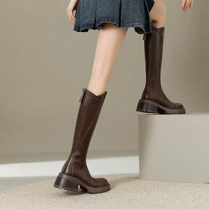 Women's knee-high brown comfort leather boots with premium leather upper and elegant slim silhouette