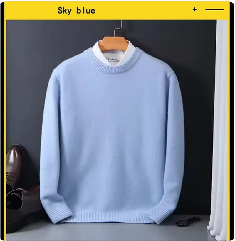 Navy cashmere O-neck men's knit pullover sweater with slim refined fit and ultra-soft wool blend warmth