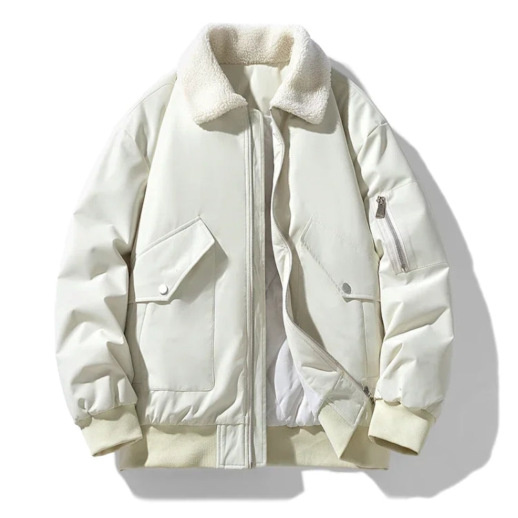 Olive sherpa lined bomber jacket white fur collar quilted lining cargo pockets unisex flight style
