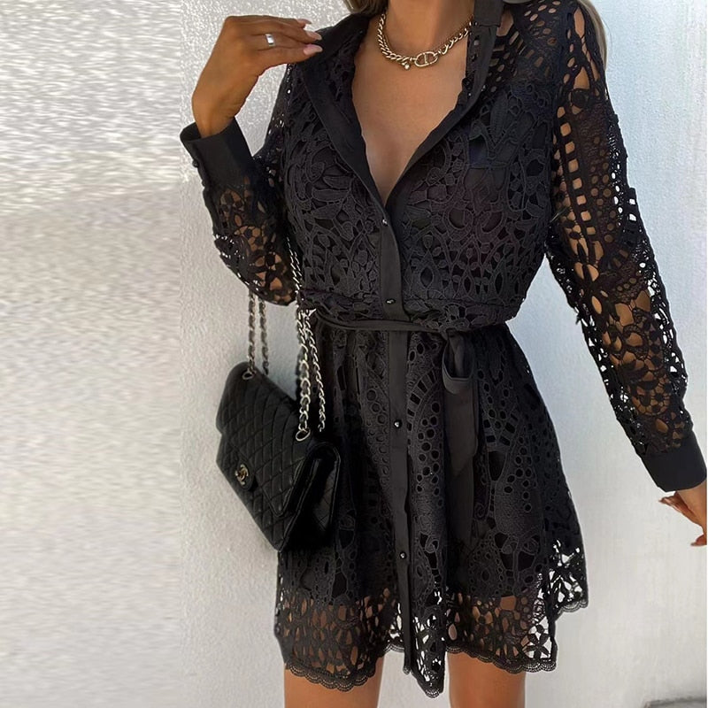 White floral lace mini dress long sleeve V-neck belted waist women's romantic summer style
