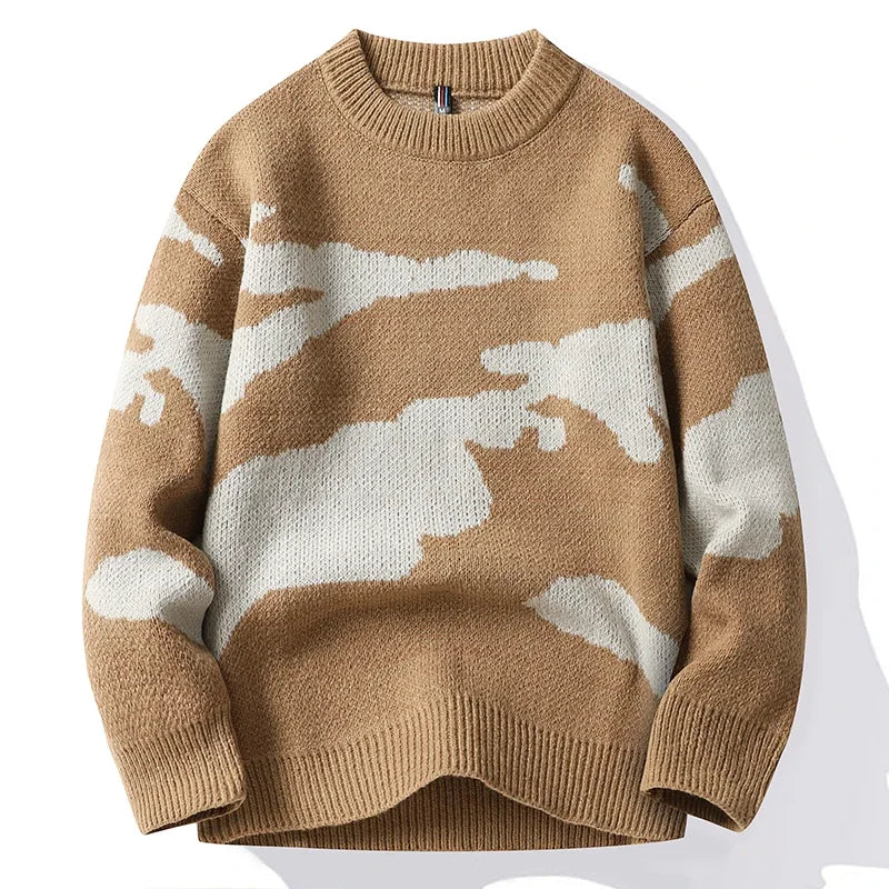 Nimbus long-sleeve knit sweater with unique cloud pattern, classic relaxed cut, everyday comfort