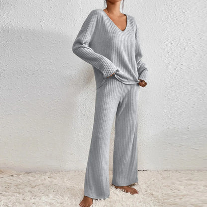 Ribbed knit 2-piece loungewear set in neutral tones with V-neck sweater and matching relaxed trousers