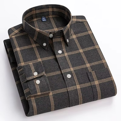 Men's plus size plaid long sleeve shirt in 7XL cotton blend with single chest pocket