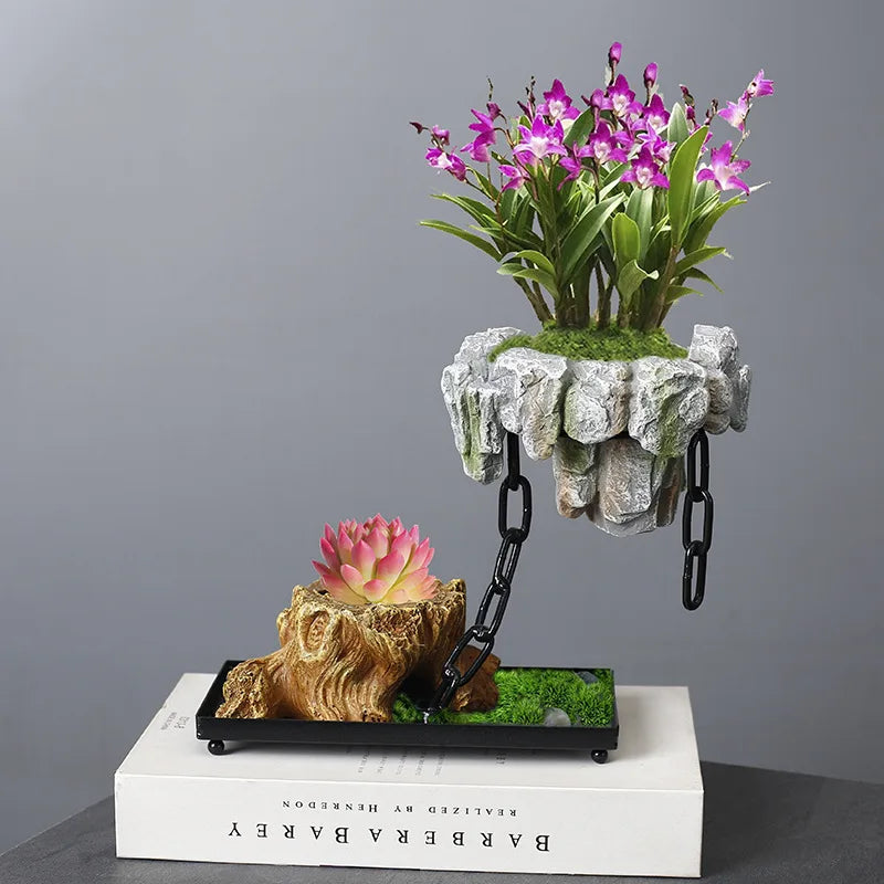 Handcrafted levitating bonsai pot in stone finish, timeless natural harmony accent piece