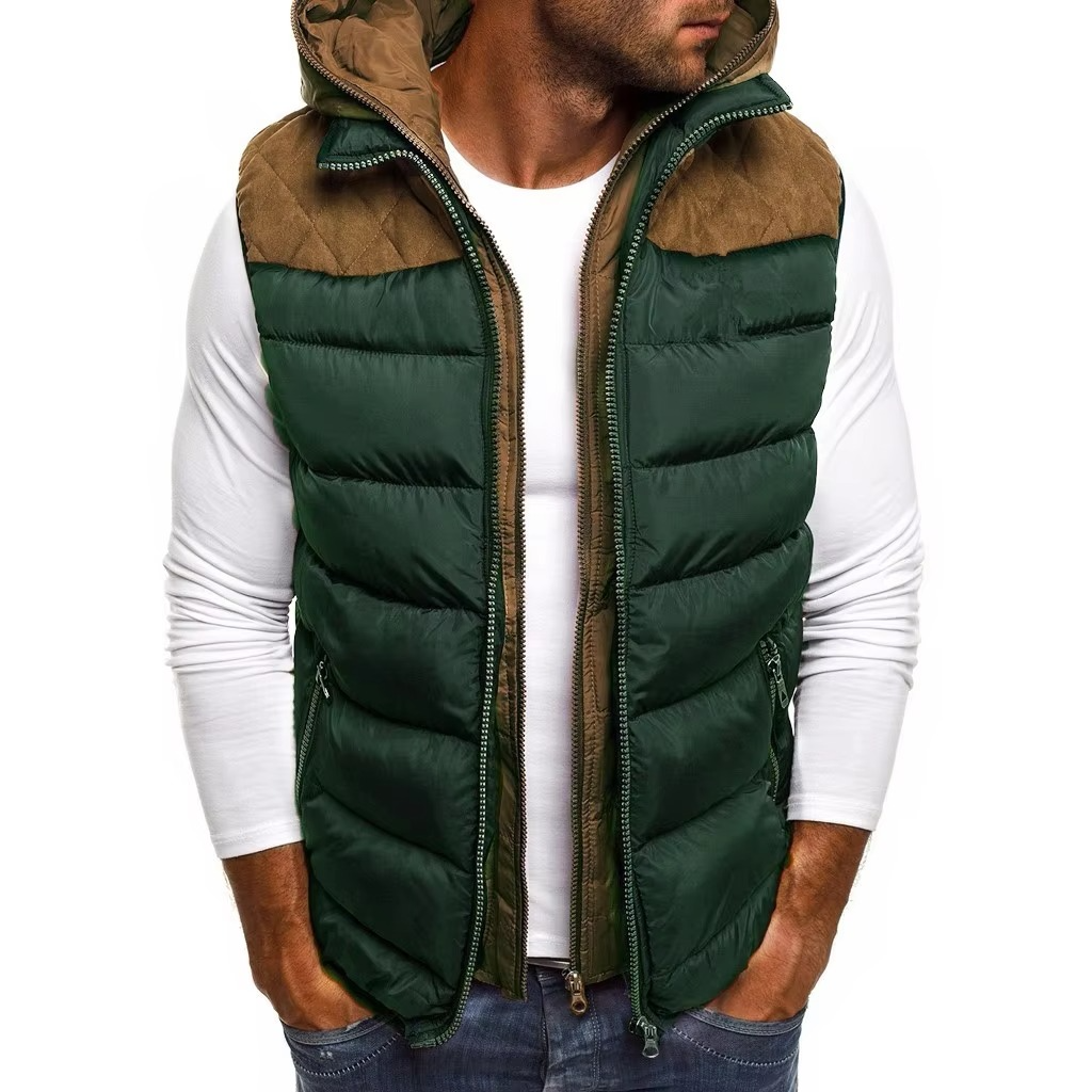 Men's black hooded sleeveless puffer vest lightweight quilted insulation cold-weather layering piece