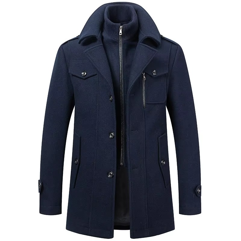 Men's premium wool mid-length trench coat with double collar zipper, structured fall winter overcoat