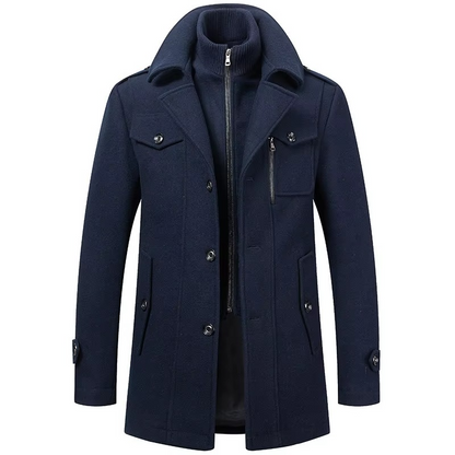 Men's premium wool mid-length trench coat with double collar zipper, structured fall winter overcoat