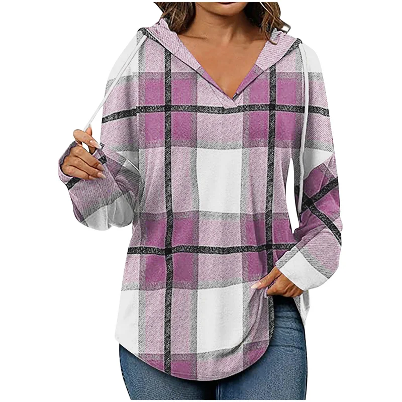 Women's ruby red oversized V-neck hoodie cozy plaid knit grid pattern flattering streetwear fit