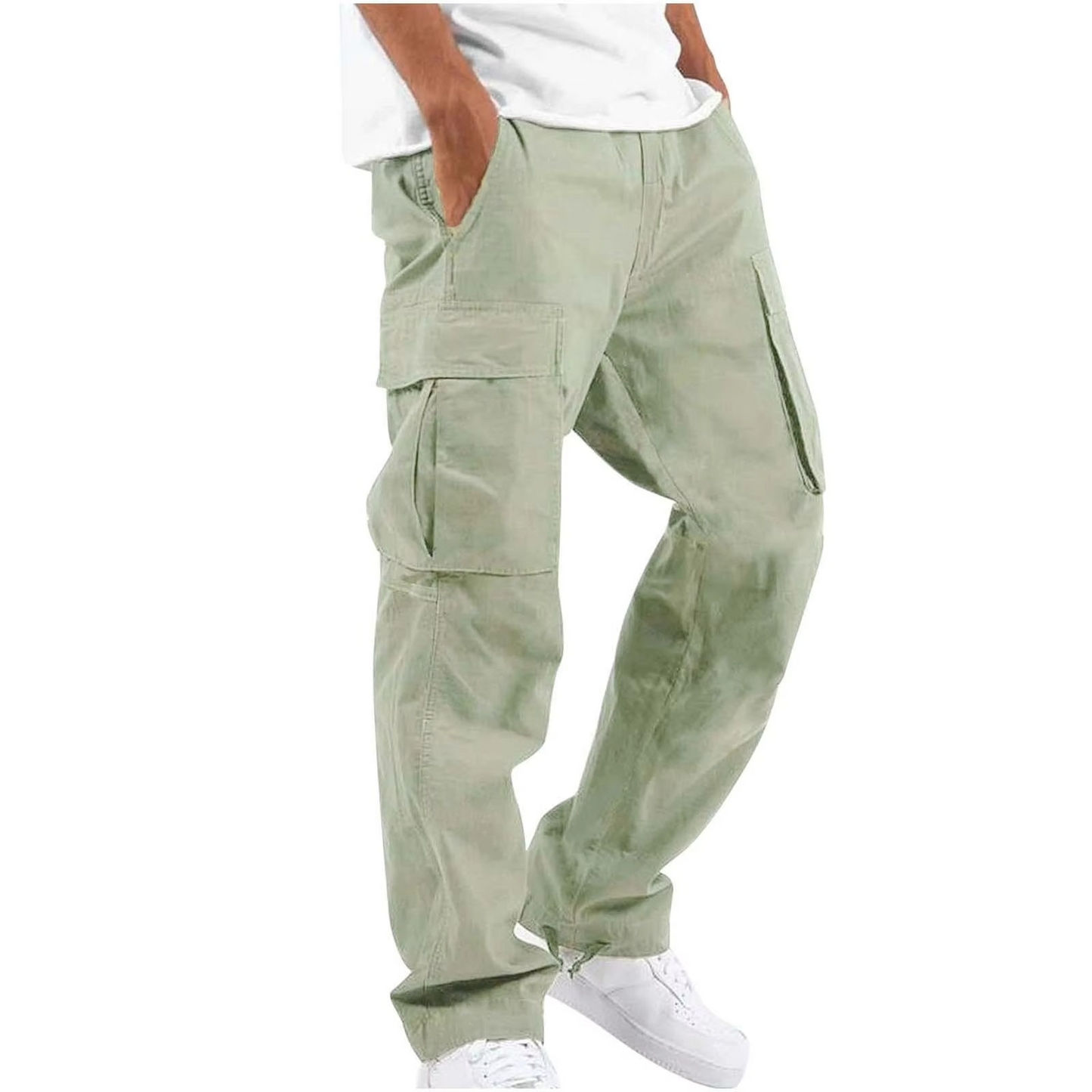 Men's solid cargo pants relaxed fit multi-pocket design adjustable drawstring waist everyday wear
