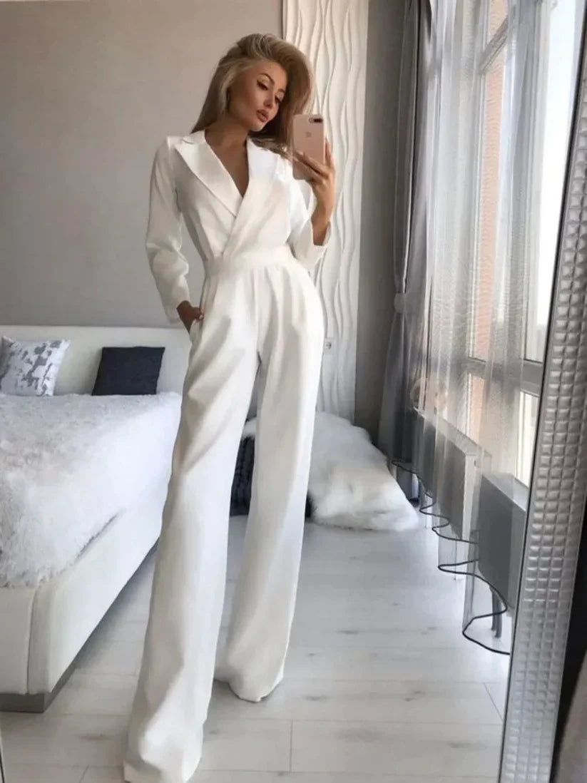 Women's elegant tailored jumpsuit, V-neck long sleeves wide-leg fit, sophisticated timeless style