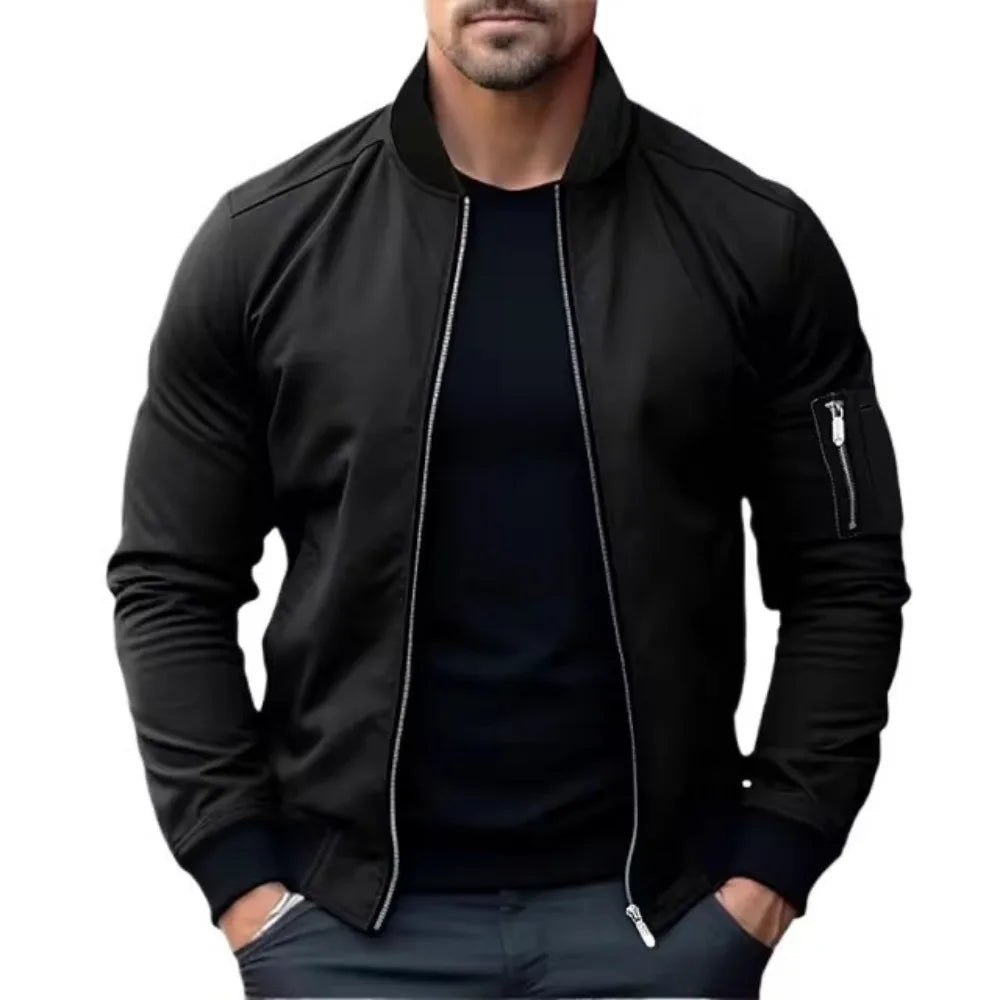 Men's black bomber jacket slim tapered fit windproof shell with durable zipper and soft interior lining