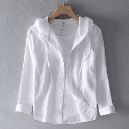 Men's relaxed fit hooded cotton linen shirt lightweight breathable casual long sleeve summer top