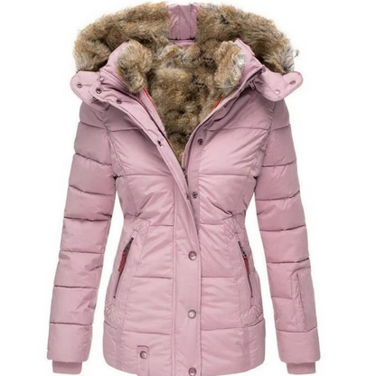 Women's slim-fit winter parka in wool cotton blend with padded hood, wind-resistant warm coat