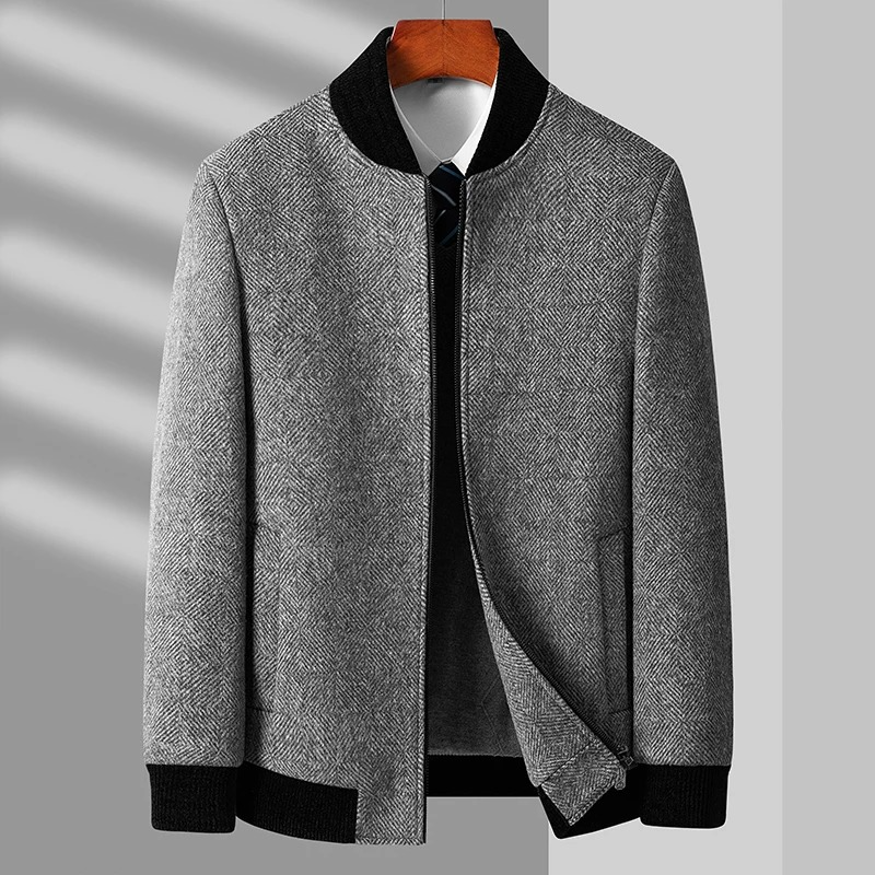 Men's charcoal wool blend tailored jacket with structured shoulders for office-ready professional style