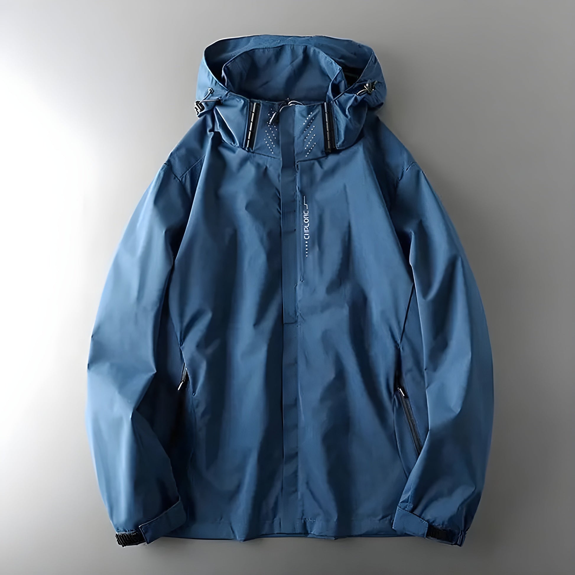 Men's olive green waterproof windbreaker with high collar, Velcro cuffs, and breathable lining vents