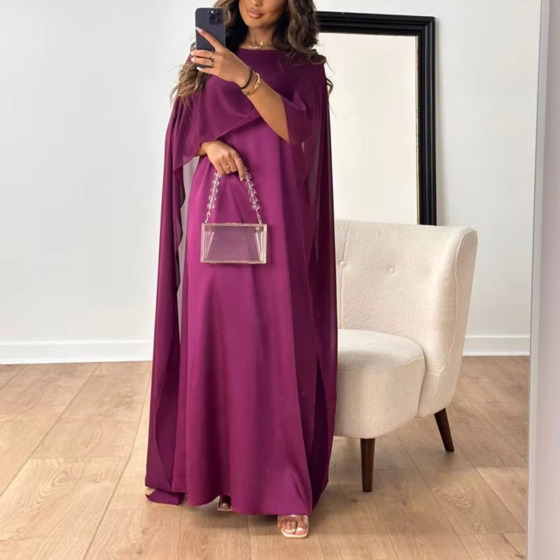 Elegant chiffon long evening dress with flowing shawl sleeves, floor-length formal gown
