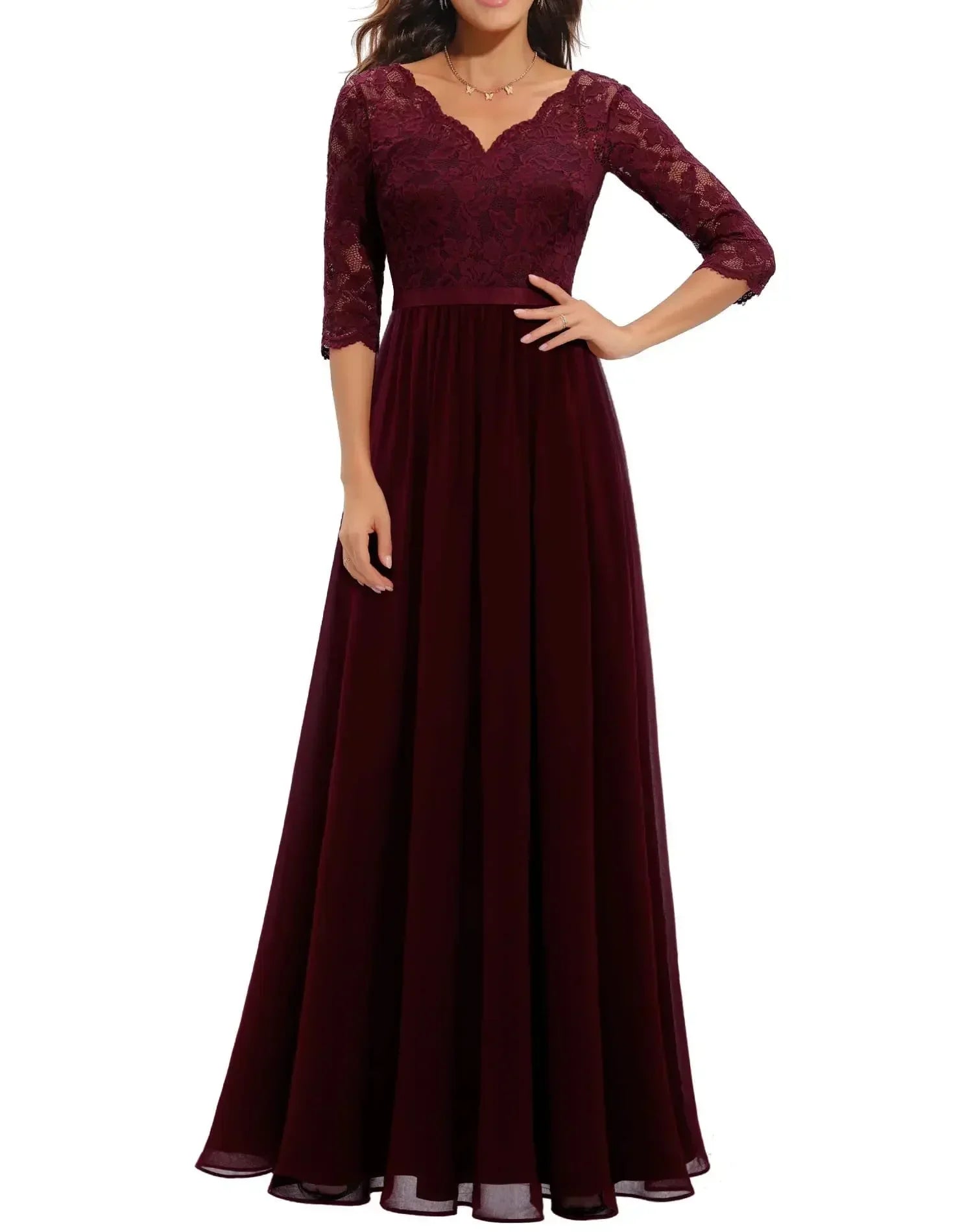 Women's elegant long lace dress with delicate lace bodice, flowing silhouette for formal occasions