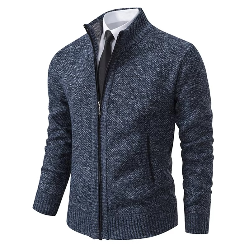 Men's fleece-lined stand collar zip cardigan warm casual jacket for fall and winter
