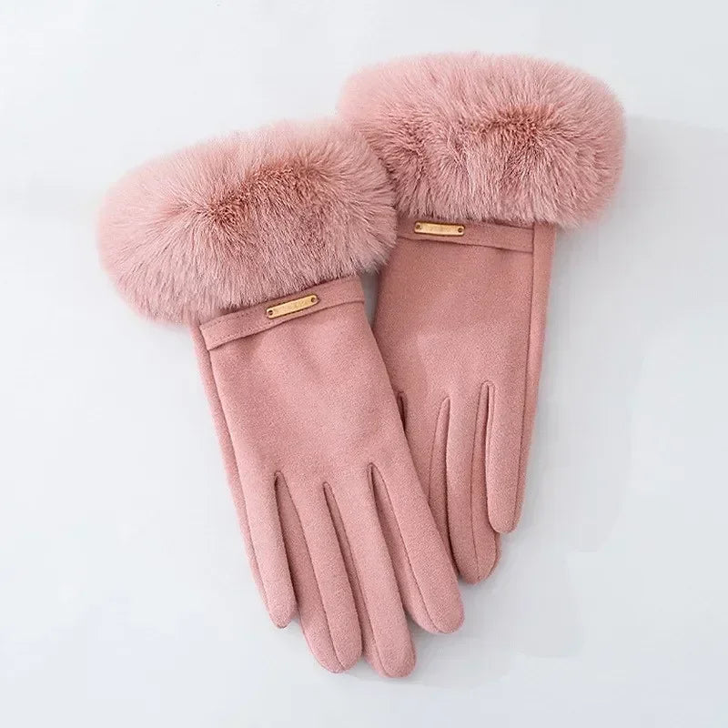 Women's fitted wrist-length gloves with chic fur cuff and subtle metallic accent for casual elegance