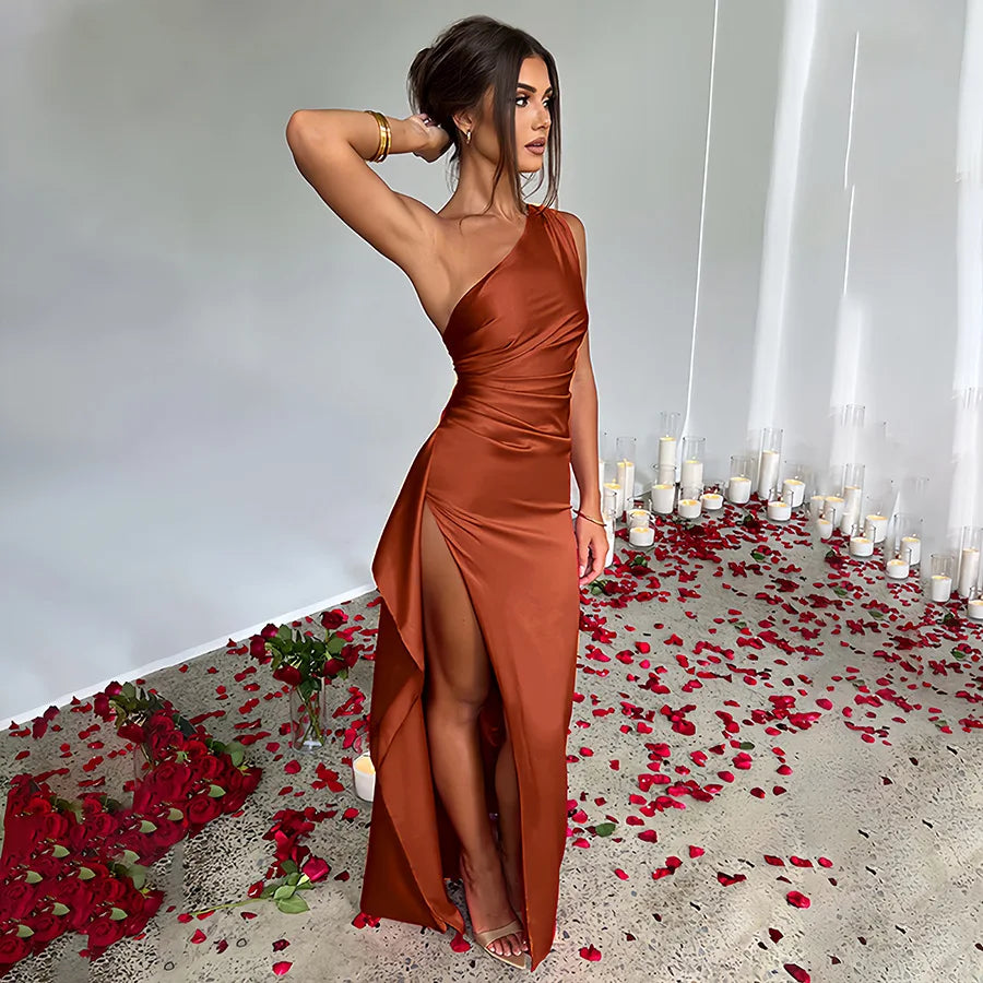 Lily one-shoulder satin dress with ruched waist, sleek asymmetric neckline for formal evenings