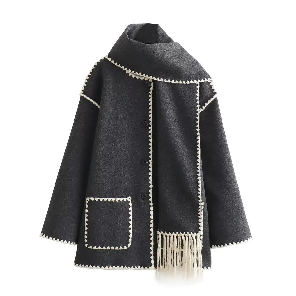 Calorin camel wool blend french coat with integrated scarf and bold contrast whipstitching