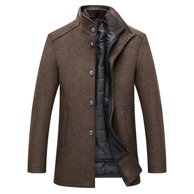 Men's slim wool blend winter parka coat in neutral tone, adjustable fit, tailored business silhouette