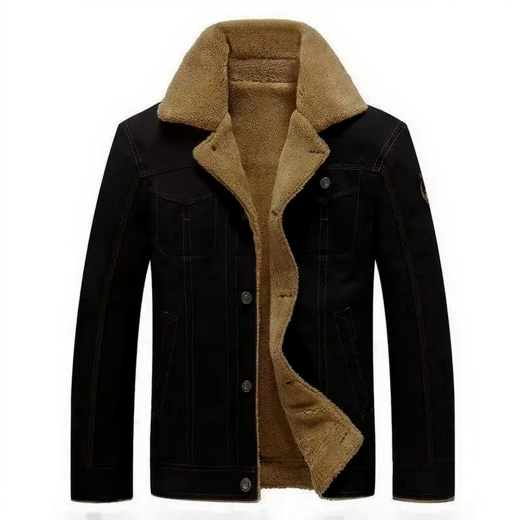 Men's olive military jacket with faux shearling lining, rugged cotton build for cold-weather outdoor warmth