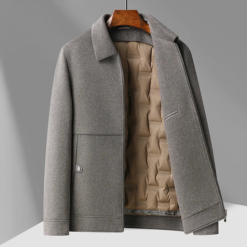 Camel brushed wool jacket with removable down liner, unisex tailored cut for fall and winter layering