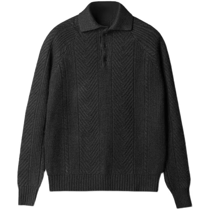 Men's vintage knit polo sweater with button lapel collar, long sleeve cozy jumper for fall winter