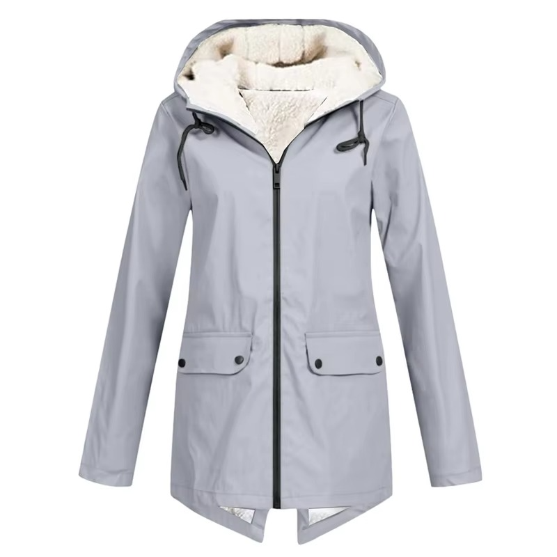 Women's waterproof hooded trench coat in black, velvet-lined windbreaker with belted waist for winter