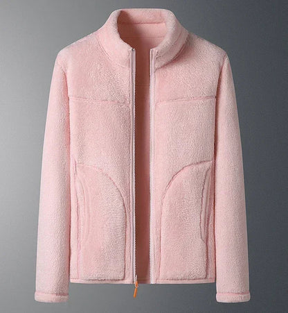 Women's classic stand collar zip winter jacket with warm plush faux shearling lining, timeless silhouette