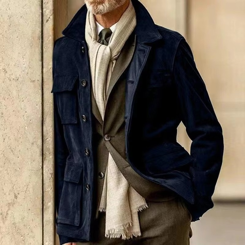 Retro mid-length men's camel trench coat, lapel collar, single-breasted casual everyday style