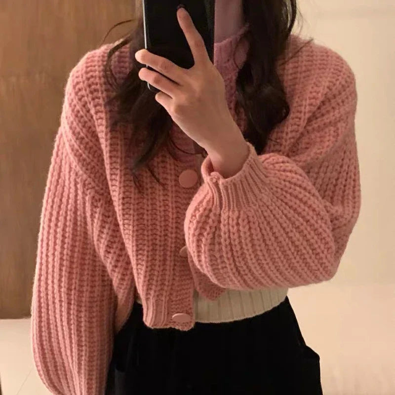 Women's cropped wool cardigan loose fit balloon sleeves button front cozy knit everyday style